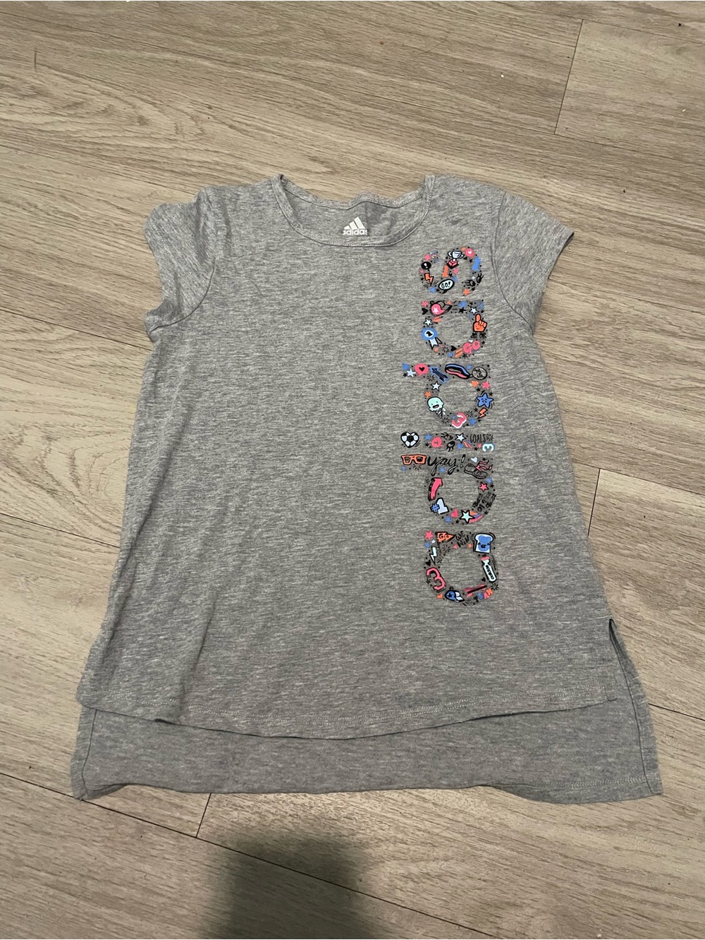 adidas Gray Short Sleeve Tee with Colorful Vertical Icons